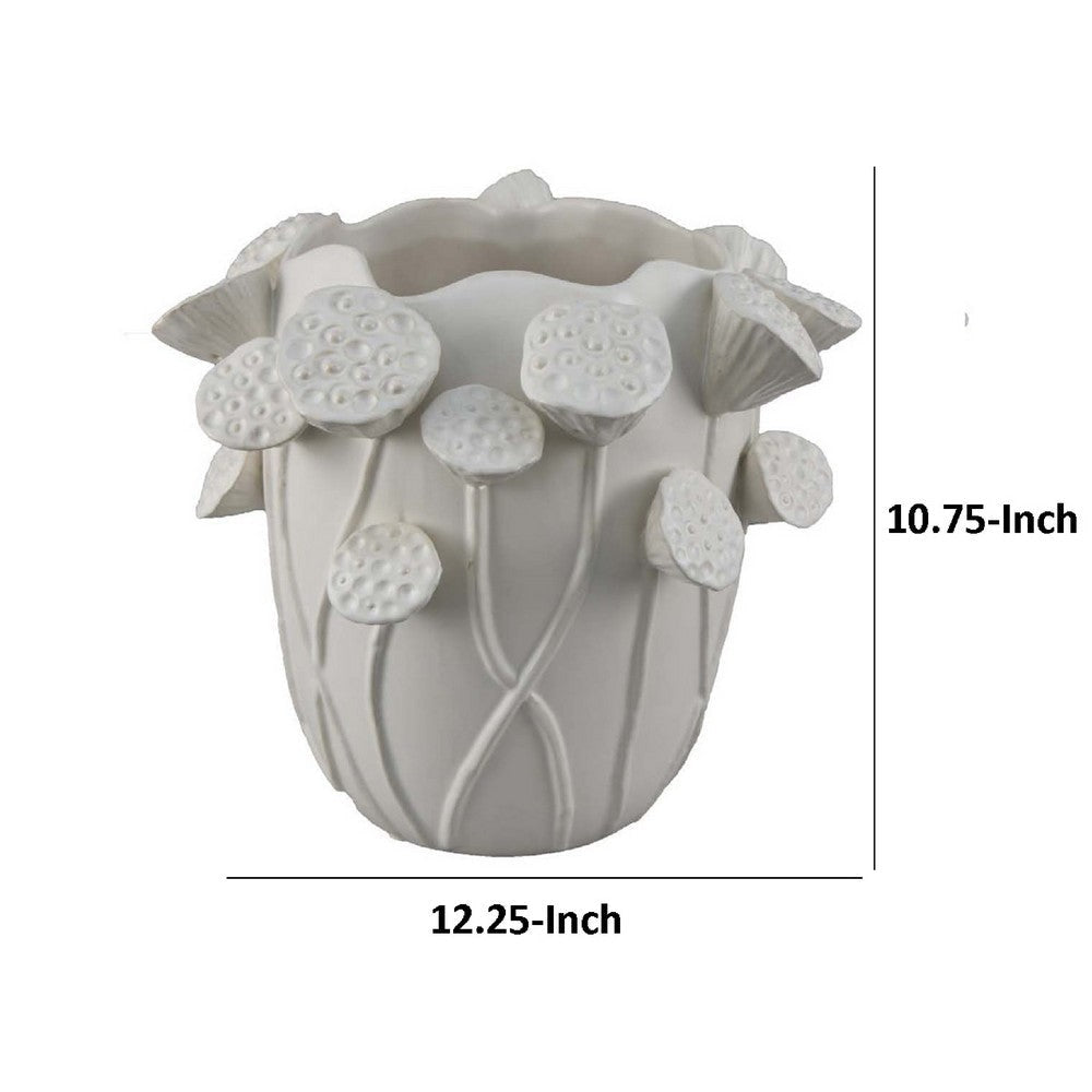 Ro Decorative Vase | Textured Lotus Accents | White Ceramic 12’’