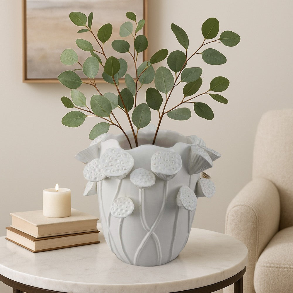 Ro Decorative Vase | Textured Lotus Accents | White Ceramic 12"