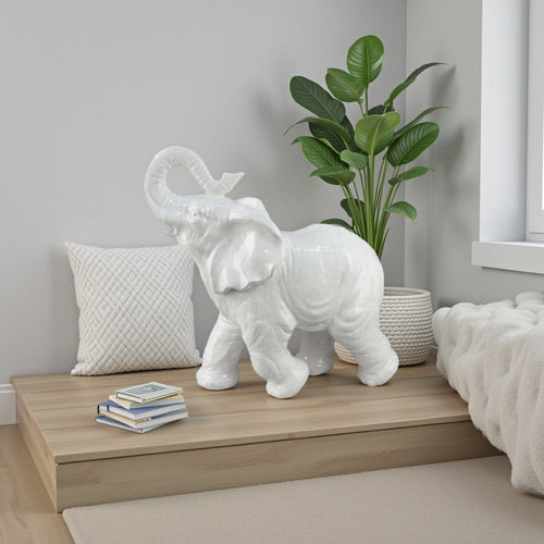 Accent Table Decoration | Elephant Design | 18" White Ceramic Body