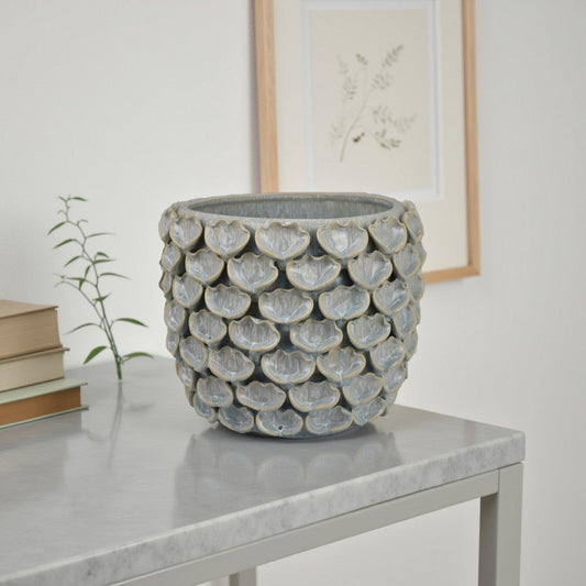 Decorative Textured Planter | Seashell Style 12" Gray Ceramic Body