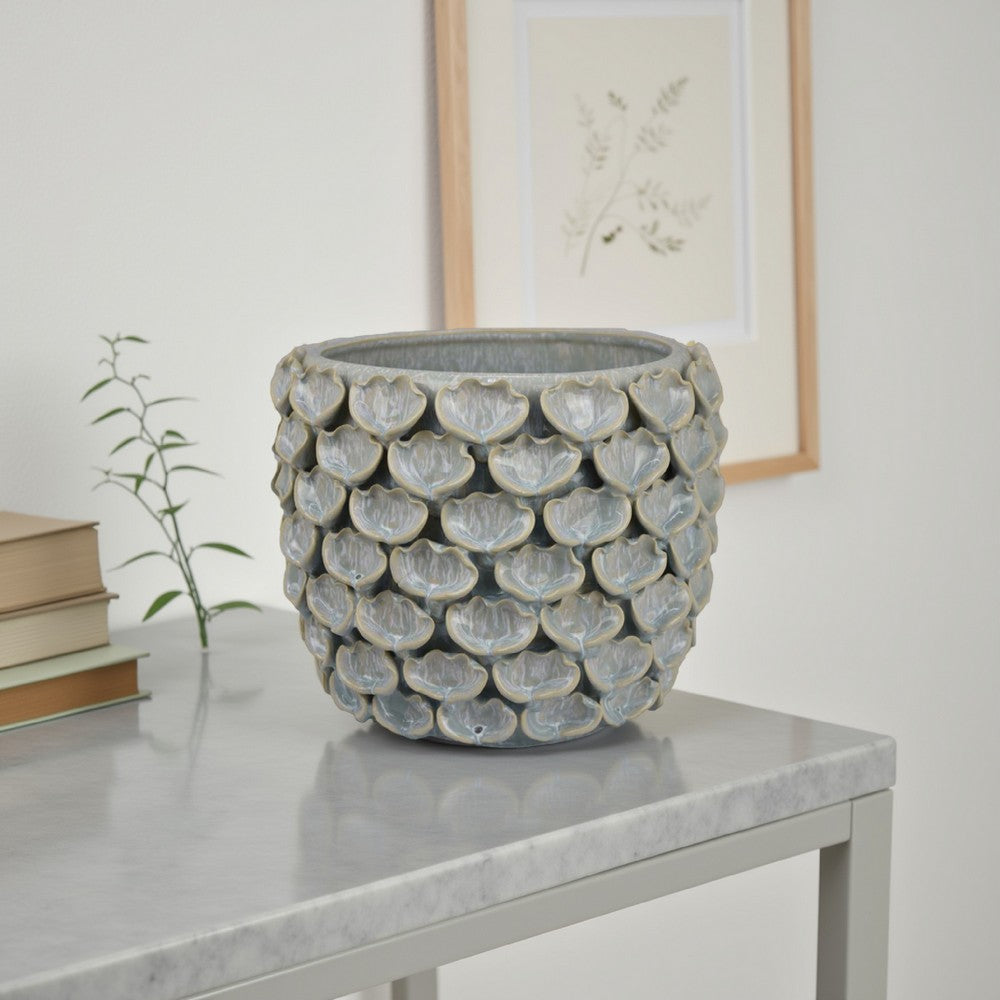 Decorative Textured Planter | Seashell Style 12" Gray Ceramic Body