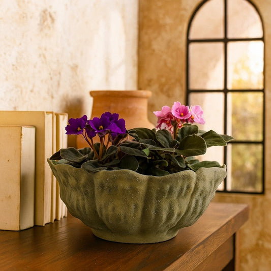 Bobo Decorative Bowl | Floral Design | 17" Olive Green Ceramic