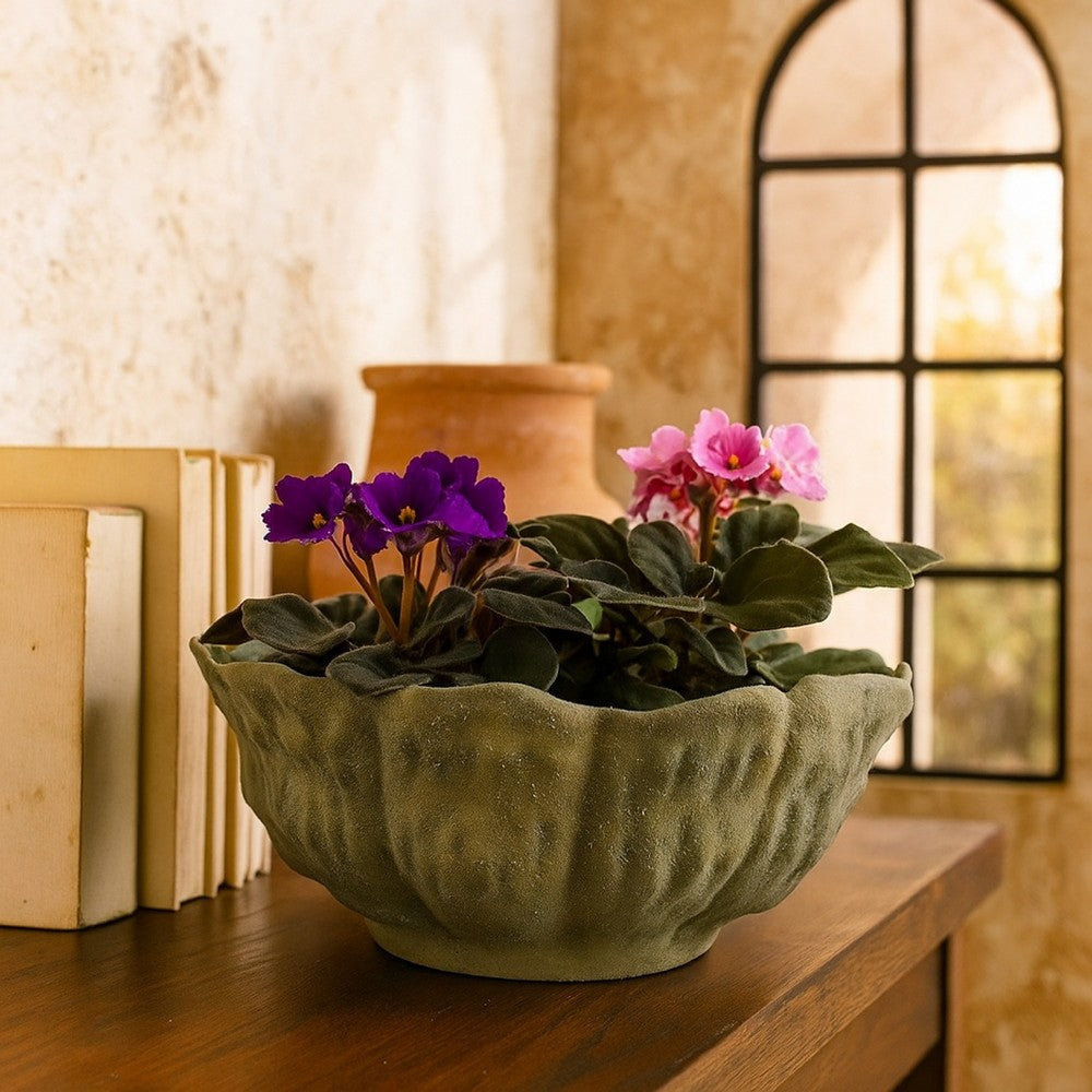 Bobo Decorative Bowl | Floral Design | 17" Olive Green Ceramic