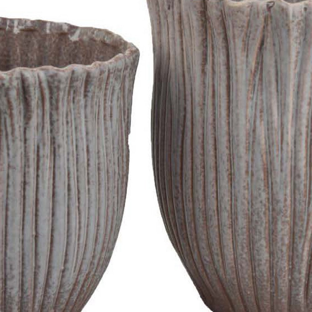 Decorative Planter Set of 2 | Ribbed Texture Gray Ceramic Body BM334872
