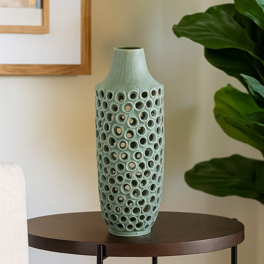 Kolo Decorative Vase | Perforated Design | 25" Green Ceramic Body