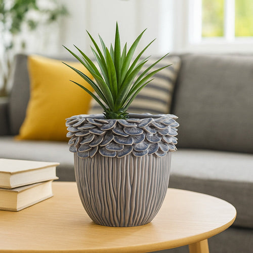 Decorative Planter | 13" Ribbed Seashell Design | Purple Ceramic