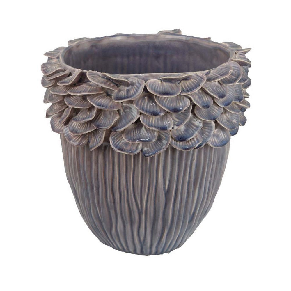 Decorative Planter | 13" Ribbed Seashell Design | Purple Ceramic