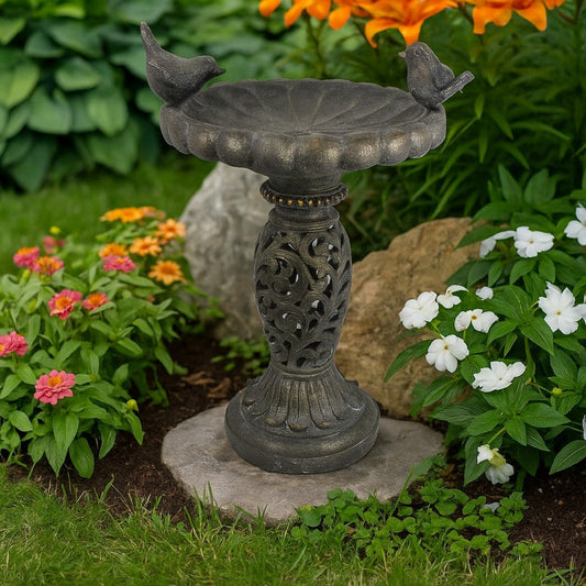 Niam Bird Bath Sculpture | 26" Dark Gray Resin | Scrolled Details