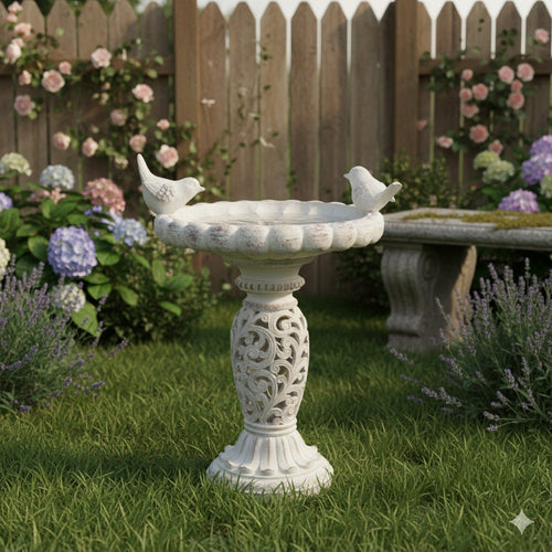 Niam Bird Bath Sculpture | 26" Weathered White Scrolled Resin