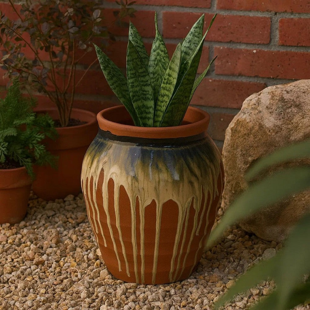 Hino Decorative Vase | Dripping Paint Texture | 13" Brown Ceramic