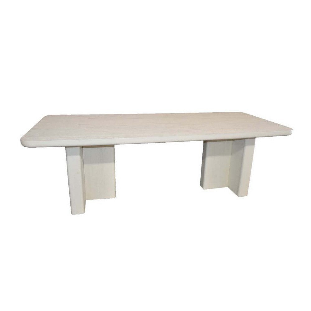 Dining Table, Rounded Corners, 95 Inch White Wood Body, T Shape Legs