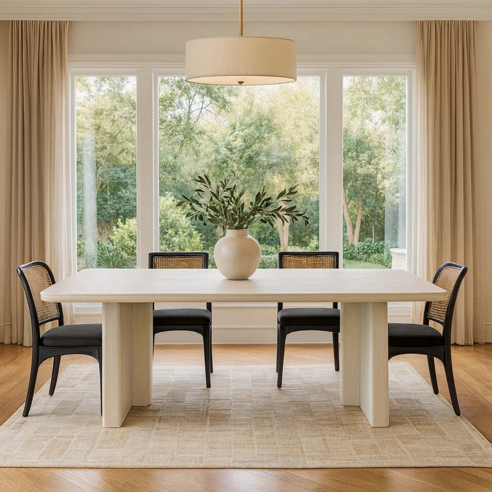 Dining Table, Rounded Corners, 95 Inch White Wood Body, T Shape Legs