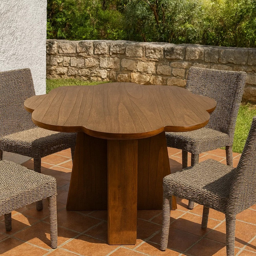 Round Dining Table, Flower Design Top, 45 Inch Brown Wood Body