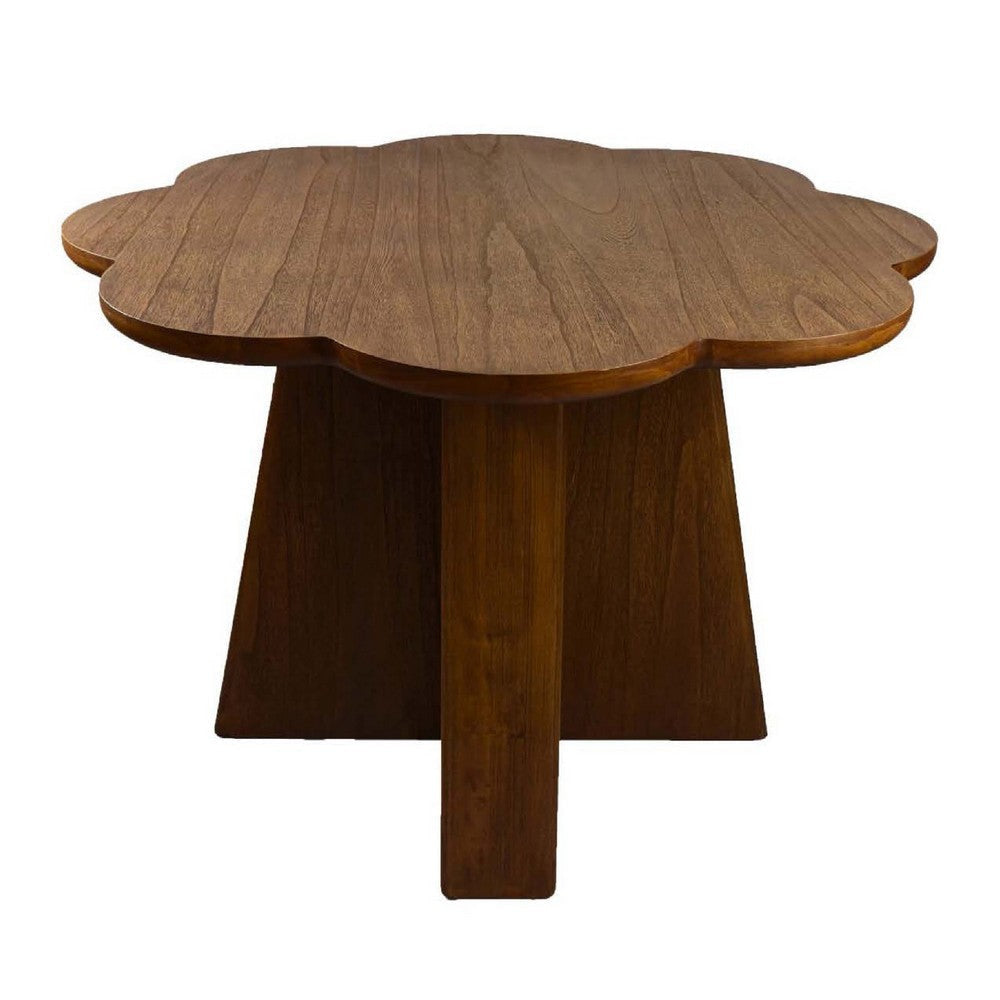 Round Dining Table, Flower Design Top, 45 Inch Brown Wood Body