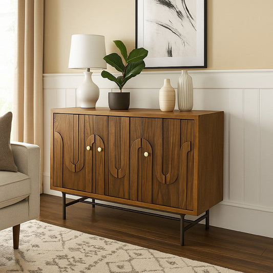 Storage Cabinet Console | 3 Doors | U Shaped Carved 47" Brown Wood