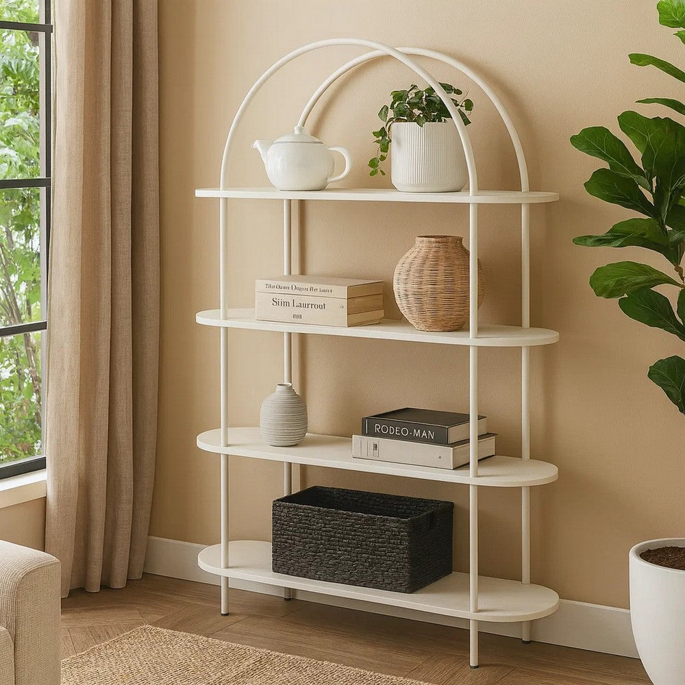 Accent Bookshelf, 4 Wood Shelves, 64 Inch Industrial White Metal Frame