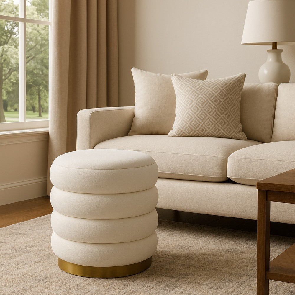 Accent Stool | 18" White Fabric Upholstery | Gold Metal Base