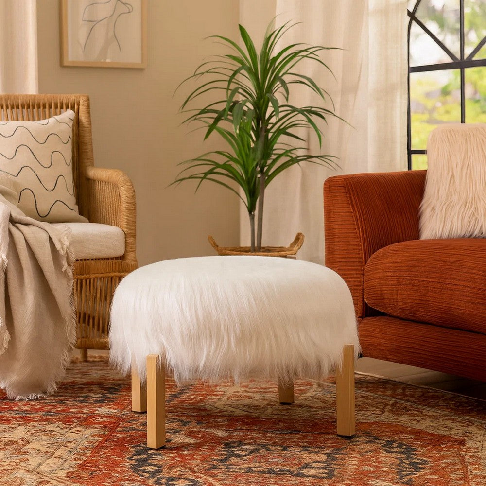 Accent Ottoman | Fur-Like Texture | 21" White Fabric Upholstery