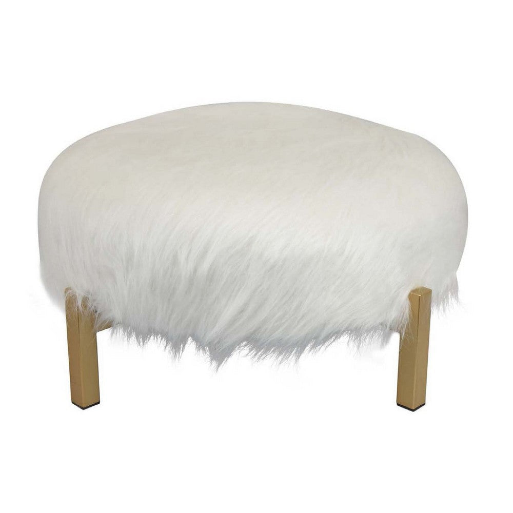 Accent Ottoman | Fur-Like Texture | 21" White Fabric Upholstery