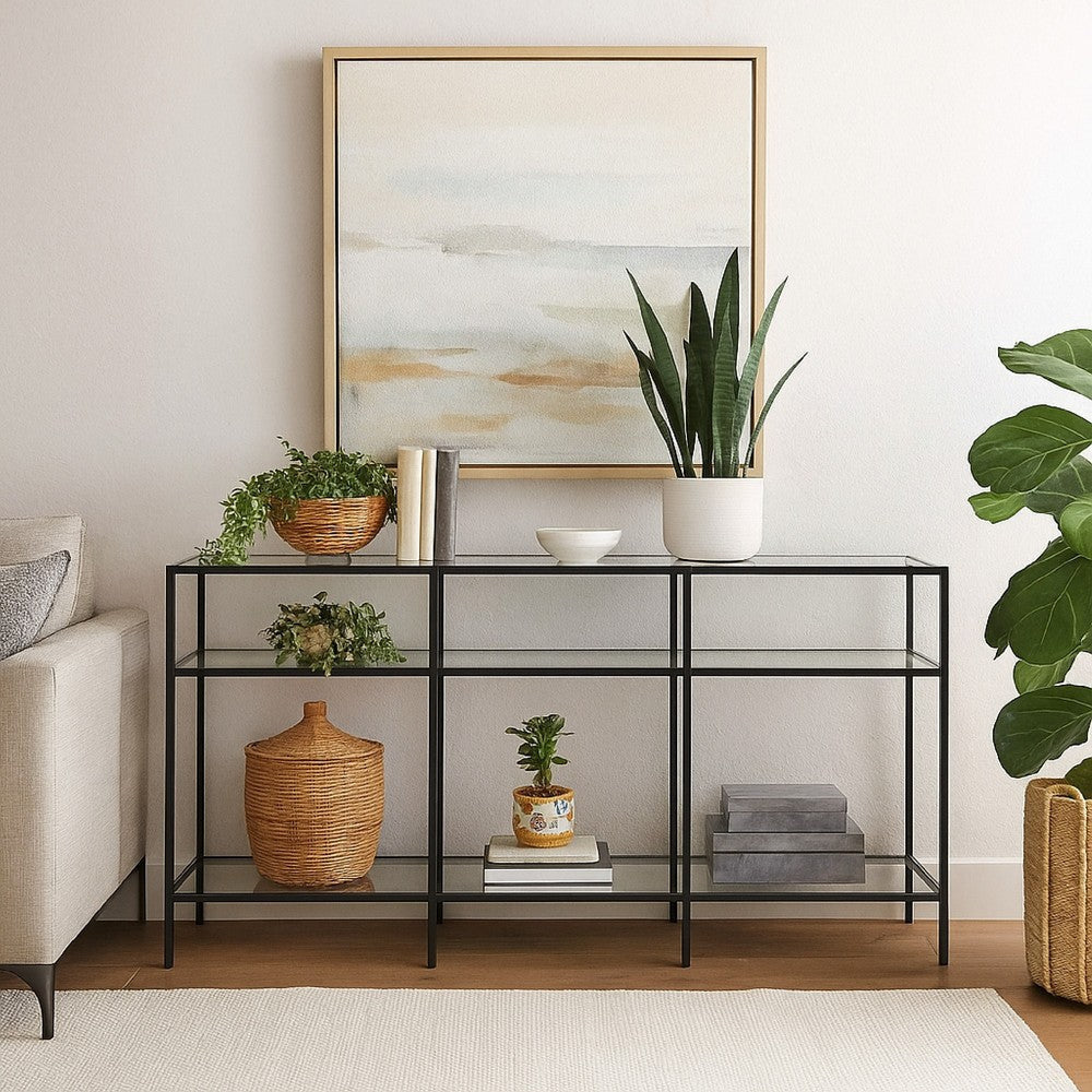 Woly Plant Stand Rack | 2 Glass Shelves | 59" Industrial Black Metal