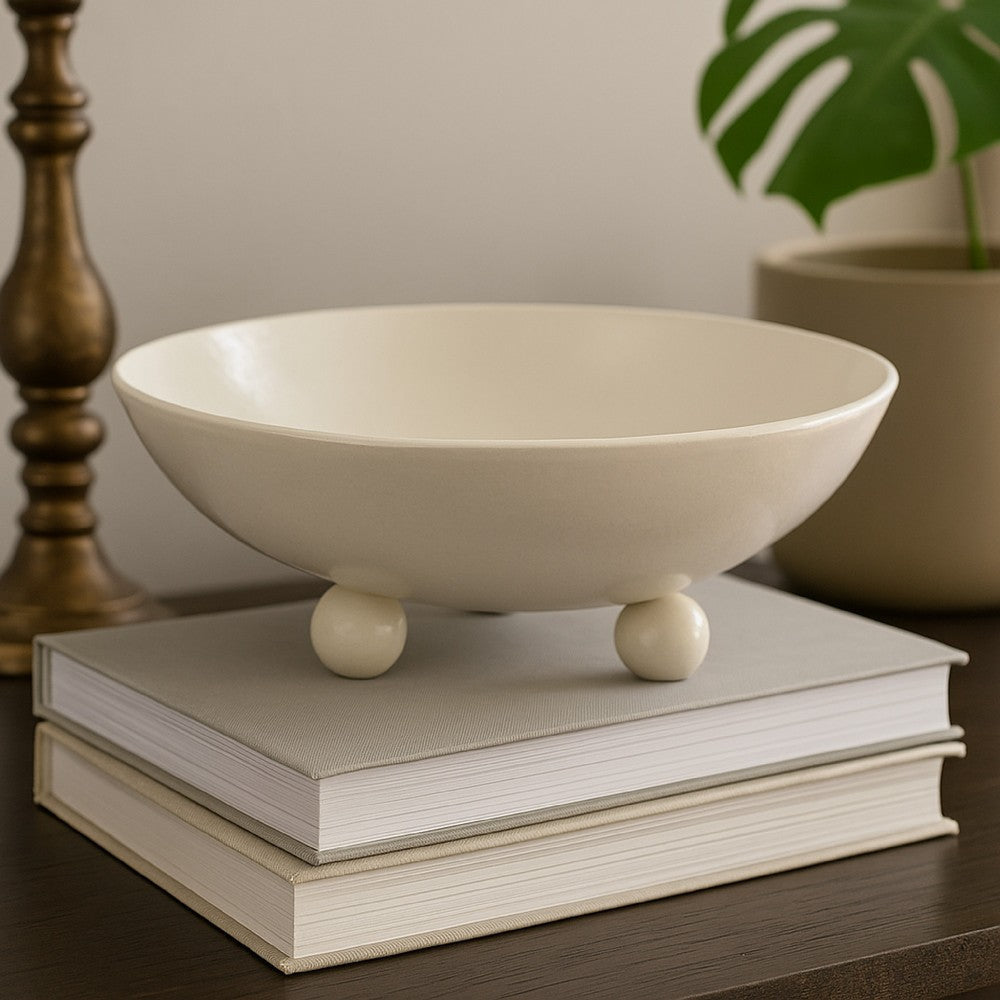 15" Decorative Bowl for Accessories | Off White Ceramic | 3 Feet