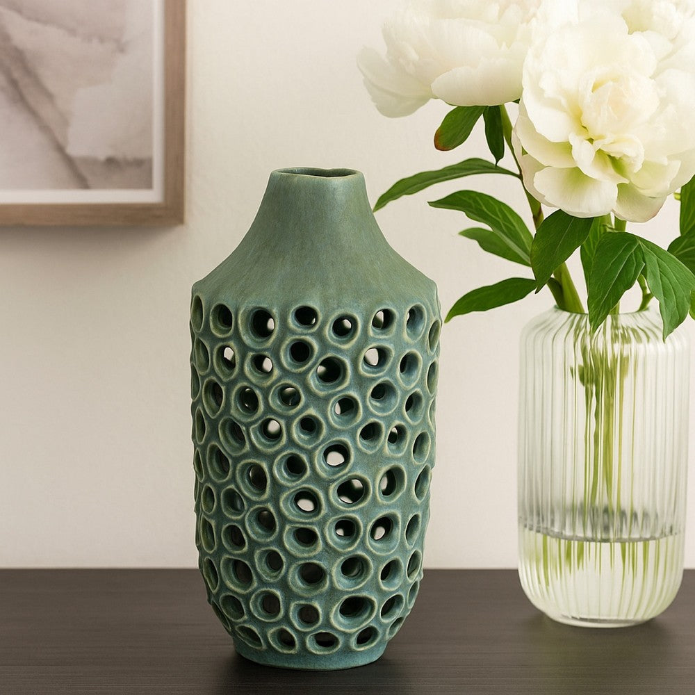 Nian Accent Vase | Green Ceramic | Perforated Rounded Holes | 16"