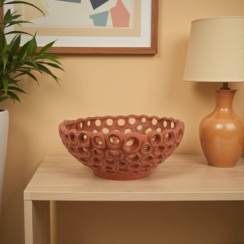 Nian Decorative Bowl | Earthy Brown Ceramic | Perforated Holes | 13"