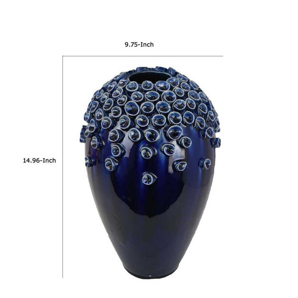 Decorative Vase | Glossy Deep Blue Ceramic | Coral Design | 15’’ BM334955