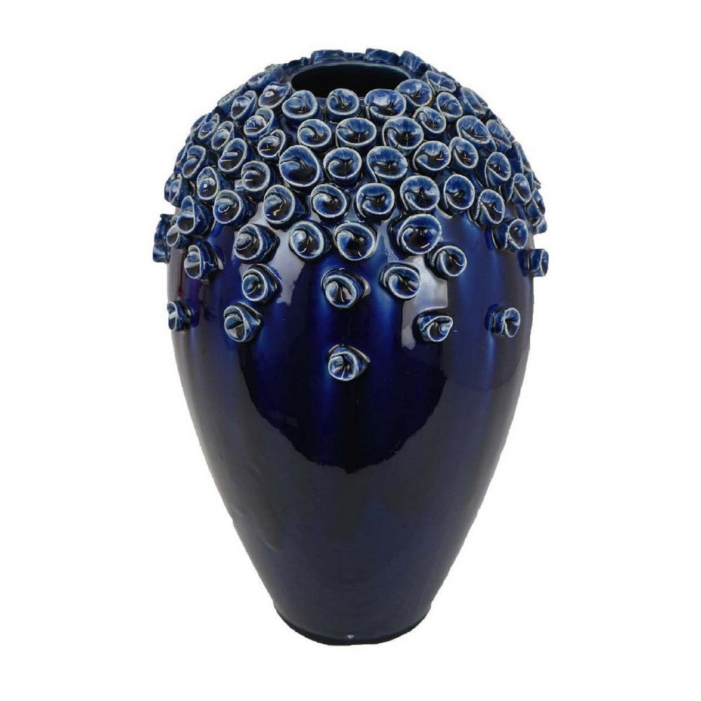 Decorative Vase | Glossy Deep Blue Ceramic | Coral Design | 15"