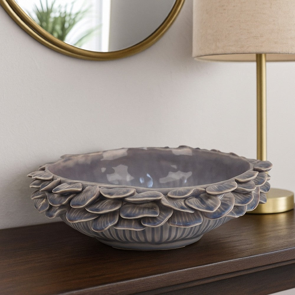 Kiana Decorative Bowl | Gray Ceramic | Flared Scales Rim Accent | 12"