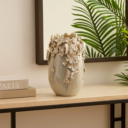 Accent Vase | Gray Silver Ceramic | Flowers and Butterflies | 14"