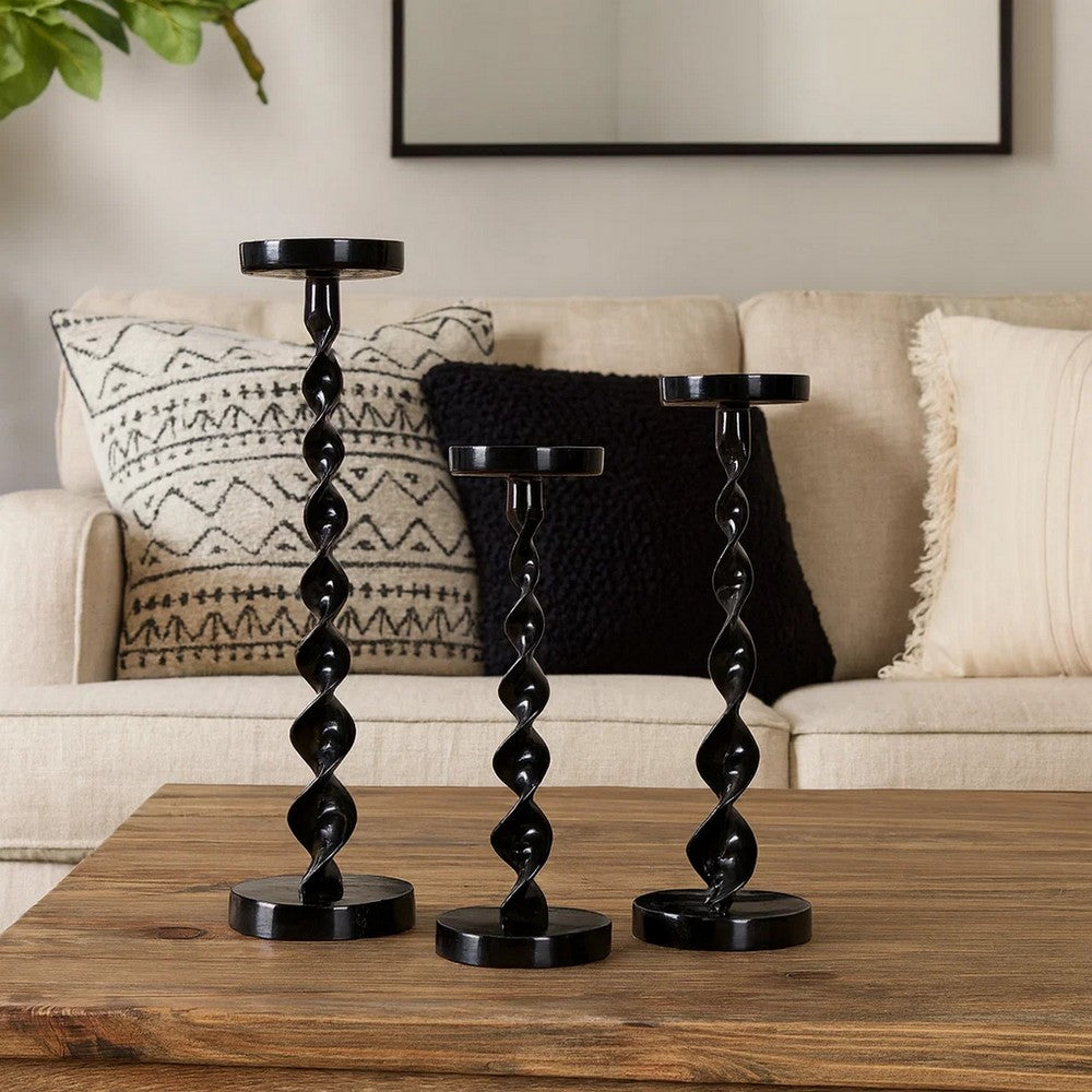 Siana Accent Candle Holder Set of 3, Black Metal, Twisted Stem