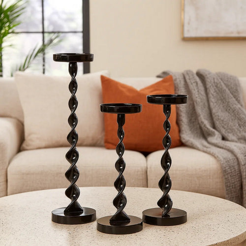 Siana Accent Candle Holder Set of 3, Black Metal, Twisted Stem