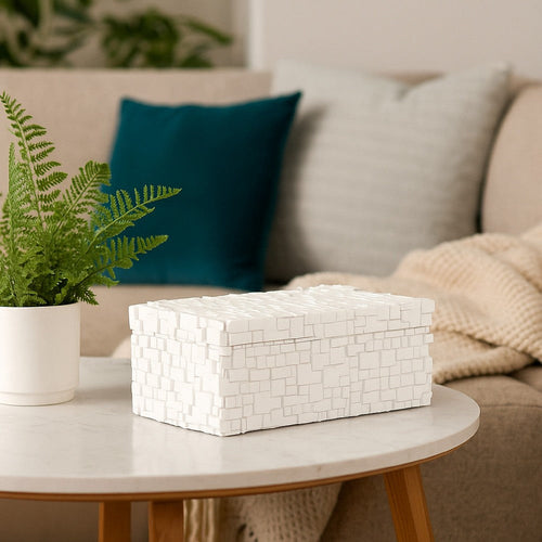 Lissa Decorative Storage Box | Matte White Textured Resin | 13"