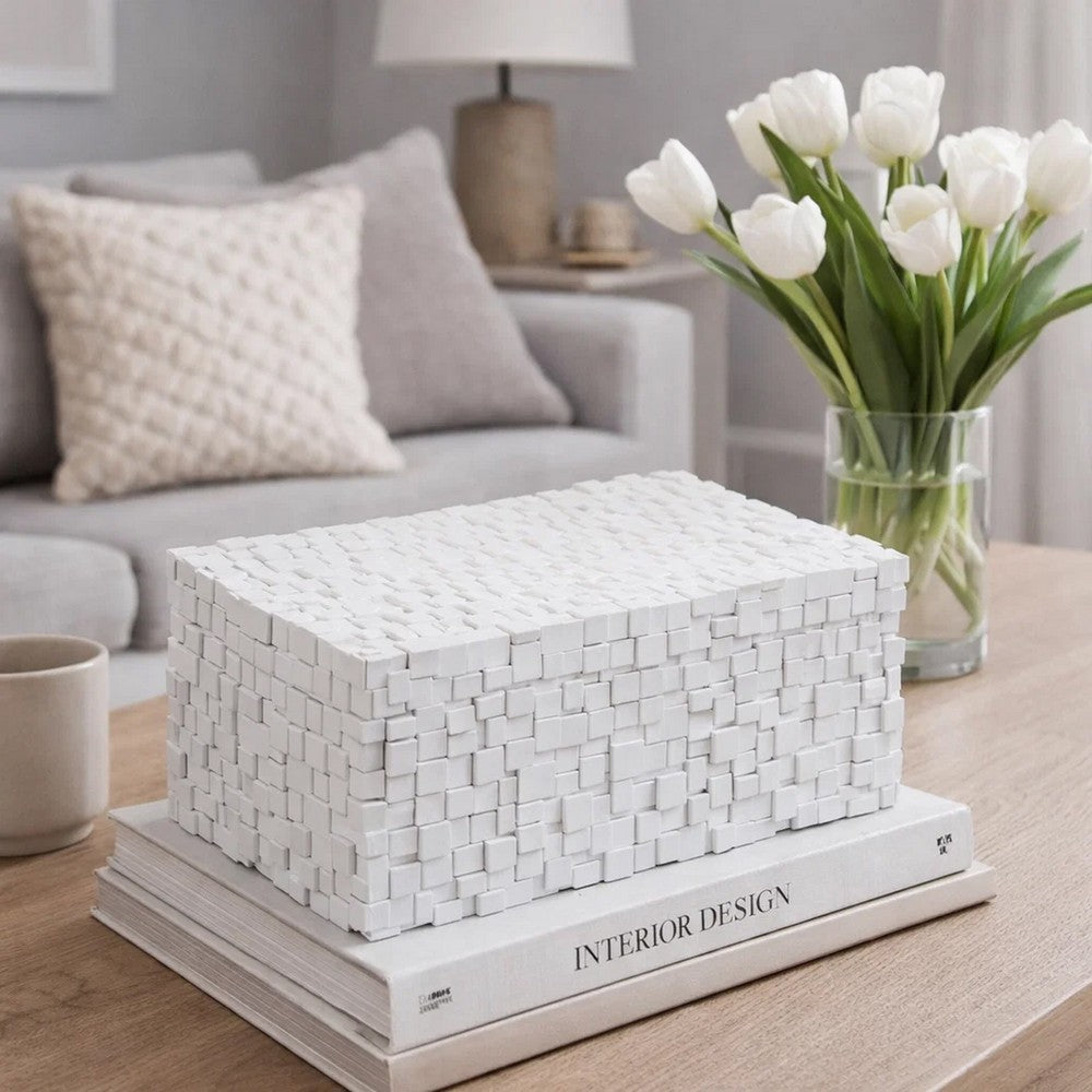 Lissa Decorative Storage Box | Matte White Textured Resin | 13"