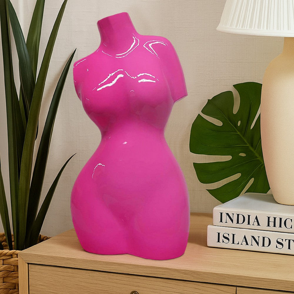 Female Torso Tabletop Decor | Bright Pink Resin Sculptural Bust 16"