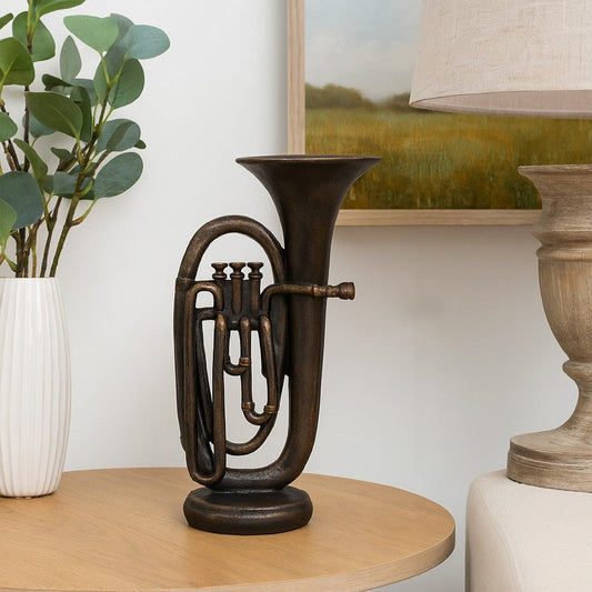 Trumpet Tabletop Decor | Dark Bronze Resin | Round Base | 15"