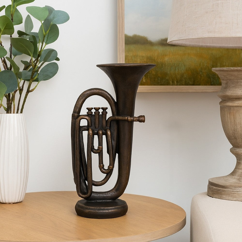 Trumpet Tabletop Decor | Dark Bronze Resin | Round Base | 15"