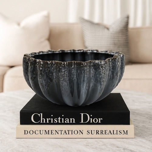 Decorative Bowl | Aqua Gray Ceramic | Fluted Scalloped Sides | 13"