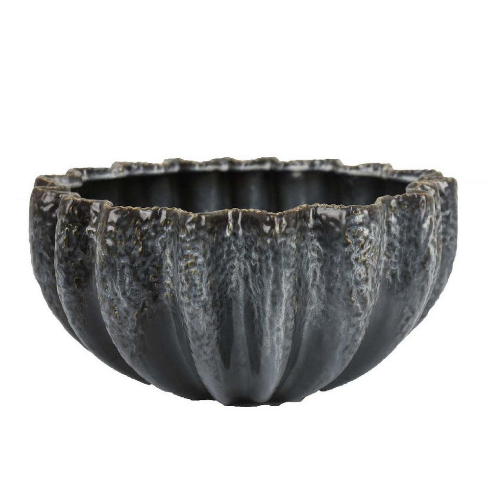 Decorative Bowl | Aqua Gray Ceramic | Fluted Scalloped Sides | 13"