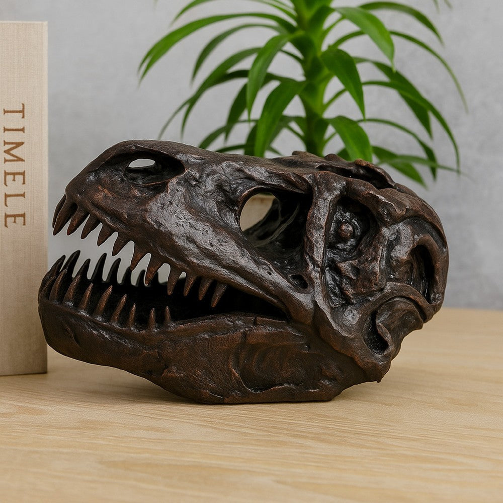 T Rex Skull Decor | Fossil Inspired Dark Brown and Black Resin | 13"