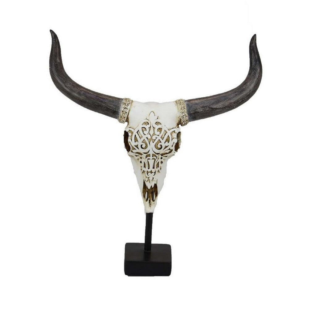 Animal Skull Tabletop Decor | Bone White and Black Resin | 16’’ BM335021