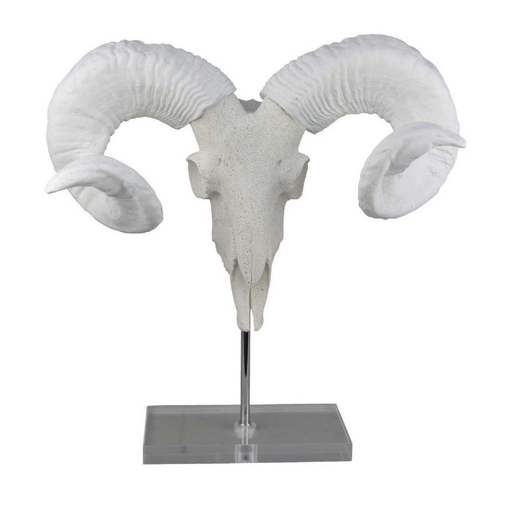 Mitch Bighead Sheep Ram Sculpture Curved Horns | White Resin 16"
