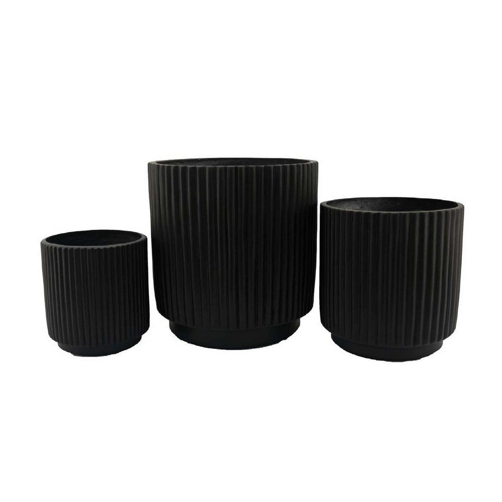 Elly Round Planter Set of 3 | Ribbed Texture Black Resin | 16 |12 |9 ’ BM335036