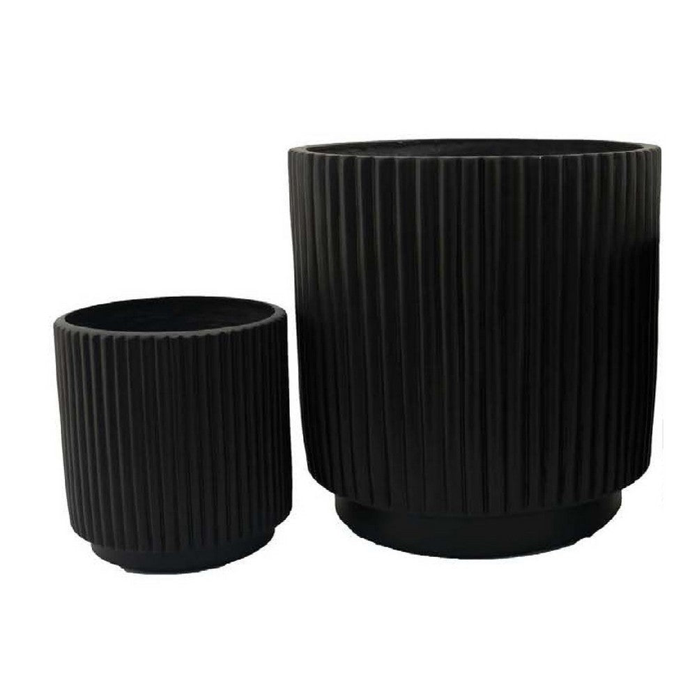 Elly Round Planter Set of 3 | Ribbed Texture Black Resin | 16 |12 |9 ’ BM335036