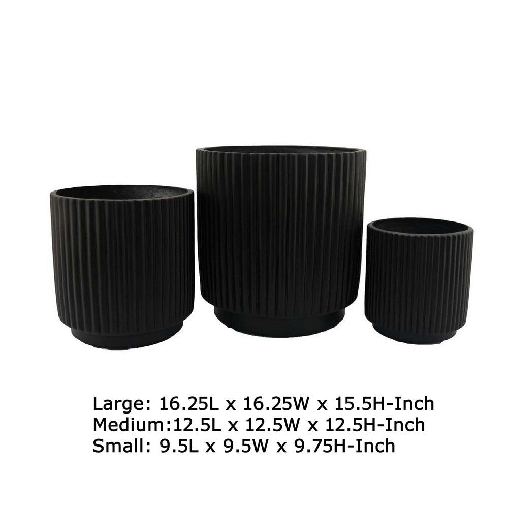 Elly Round Planter Set of 3 | Ribbed Texture Black Resin | 16 |12 |9 ’ BM335036
