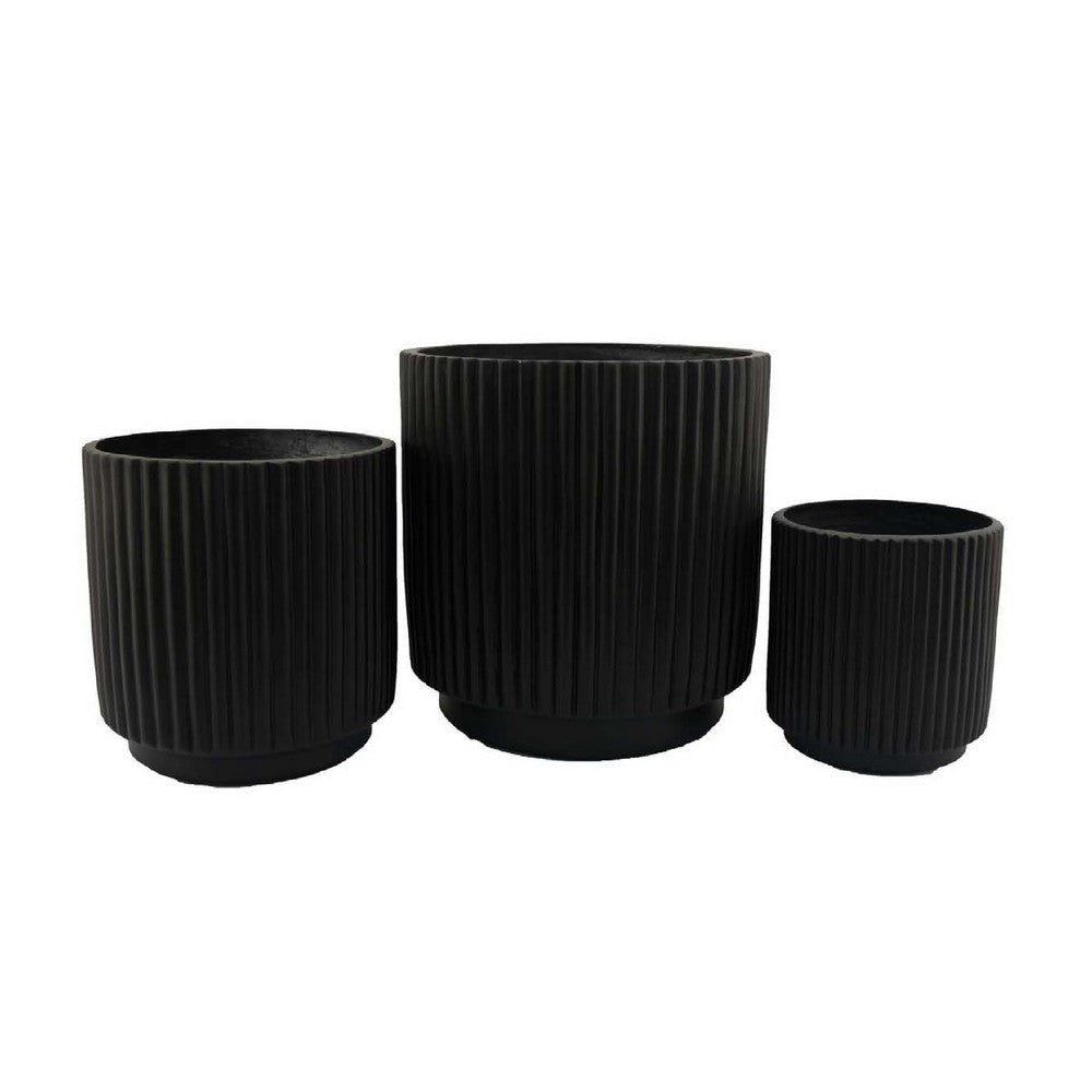 Elly Round Planter Set of 3 | Ribbed Texture Black Resin | 16 |12 |9 "