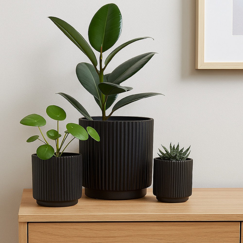 Elly Round Planter Set of 3 | Ribbed Texture Black Resin | 16 |12 |9 "