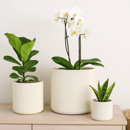 Elly Round Planter Set of 3 | Vertical White Resin | 18 | 13 | 9"