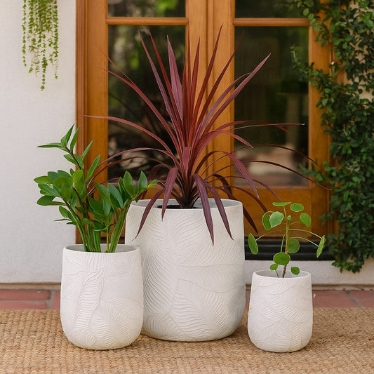 Sally Round Planter Set of 3 | Intricate Leaf White Resin 23 19 14"